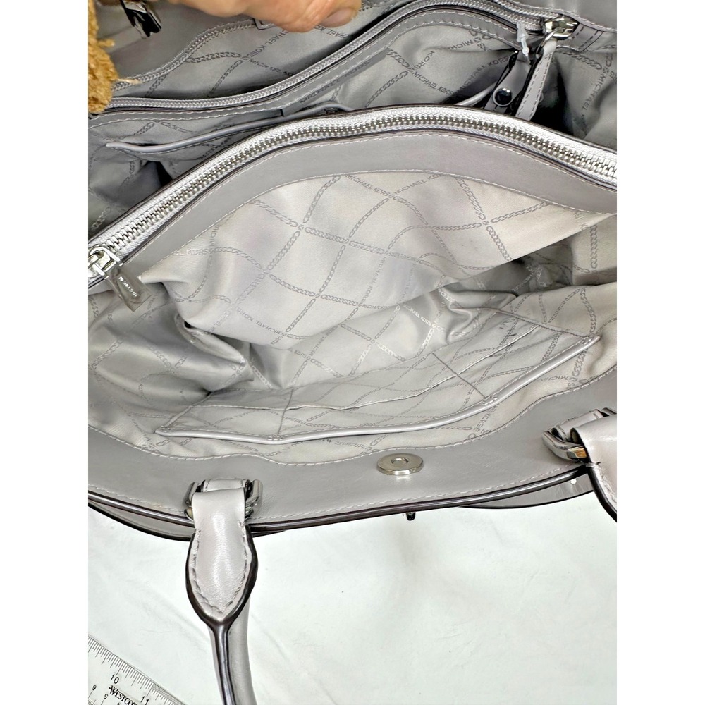 Michael Kors Gramercy Pearl Grey Leather Large Satchel Multipocket Purse - Picture 9 of 16